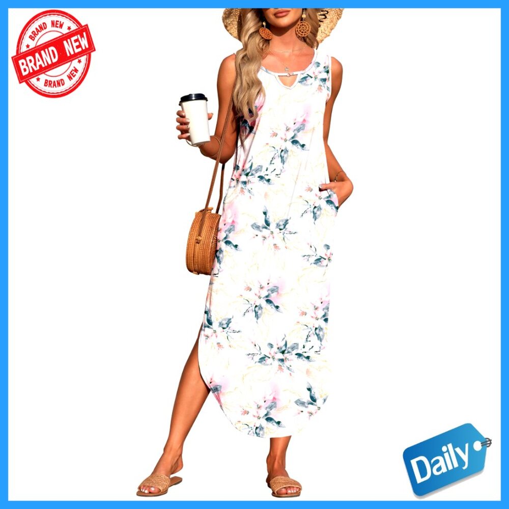 Sleeveless Maxi Dress With Pockets, Split Hem, Lightweight Polyester Spandex